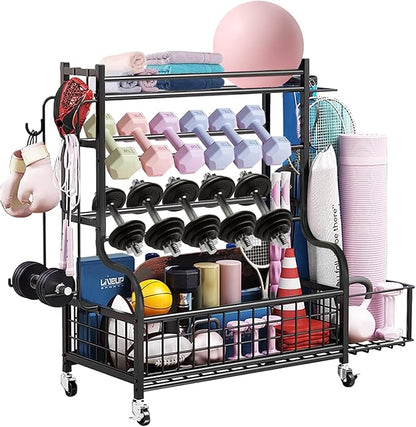Dumbbell Rack, Weight Rack for Kettlebells, Storage Holder for Yoga and Workout Equipment, Home Gym Storage Rack with Wheels,Hooks and Mesh Top