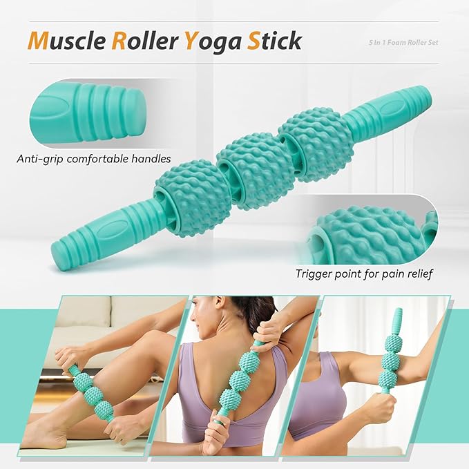 5 in1 Foam Roller Set, Trigger Point Foam Roller, Massage Roller Stick, Massage Ball, Resistance Band for Deep Muscle Massage Pilates Yoga,Fitness Exercise for Whole Body (Pure Turquoise)
