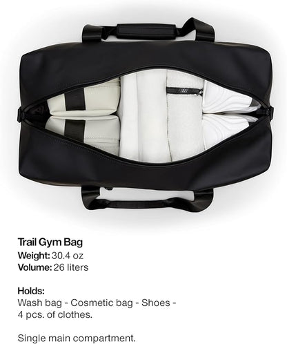 RAINS Trail Gym Bag - Black Waterproof Sports Duffel Bag for Men and Women with Shoulder Strap, Carry Handles and Mesh Pocket for Training or Travel - 2 Year Warranty