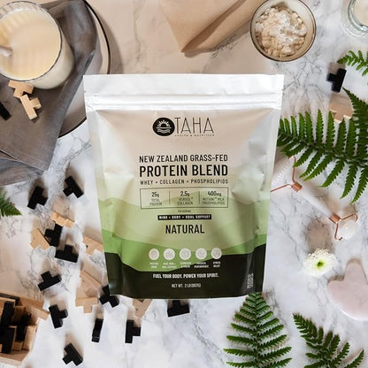 Taha Health & Nutrition Mind + Body Protein Blend ??Natural, Unflavored | 25g Protein from Whey & Collagen + 400mg Milk Phospholipids | Grass-Fed, Free-Range New Zealand Dairy | 2LB
