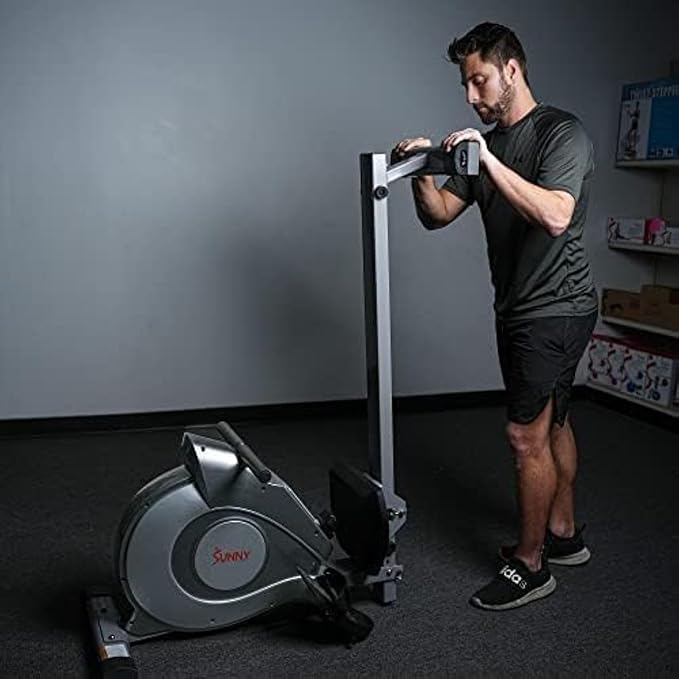 Sunny Health & Fitness Flip & Foldable Rowing Machine for Home w/Extended Slide Rail, Full-Body Workout, Low-Impact, Optional Extra Long Rail, Quiet Rail Cover, Water Motion and Free SunnyFit App