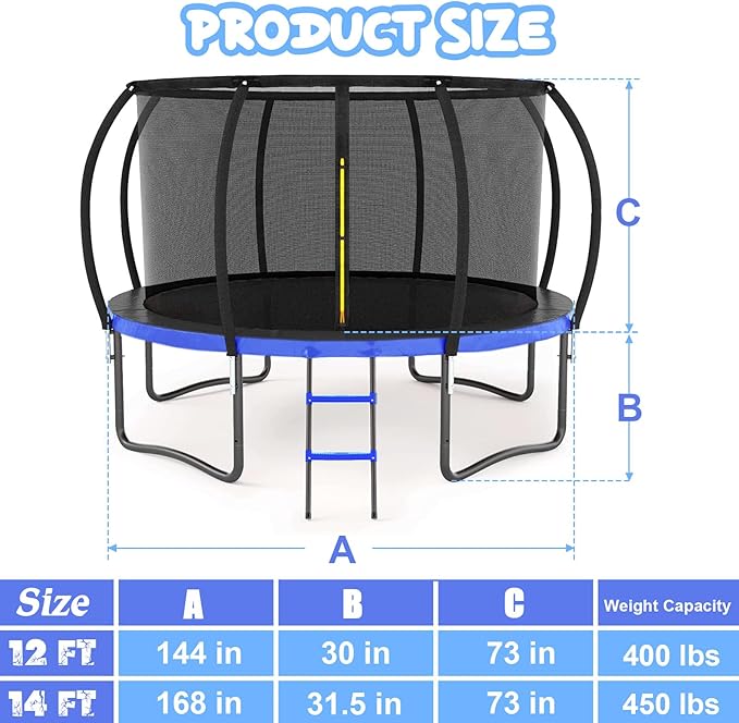 Trampoline 12FT 14FT 15FT 16FT for Kids/Adults - Outdoor Recreational with Enclosure Net Curved Poles and Ladder, Heavy Duty Anti-Rust Coating, ASTM Approval