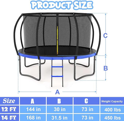Trampoline 12FT 14FT 15FT 16FT for Kids/Adults - Outdoor Recreational with Enclosure Net Curved Poles and Ladder, Heavy Duty Anti-Rust Coating, ASTM Approval