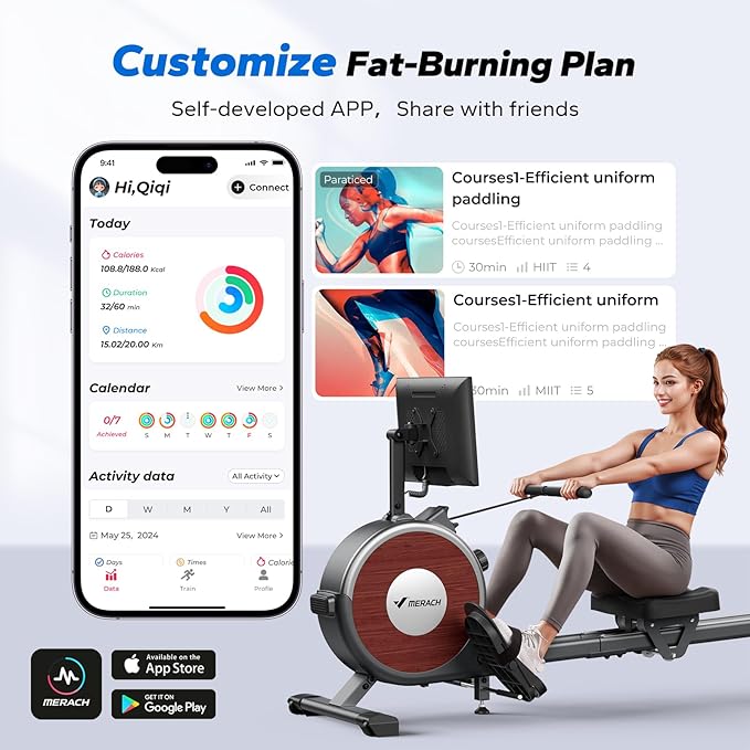 MERACH Rowing Machines for Home, Magnetic Rowing Machine with 16 Levels, Rower Machine of Quiet Resistance, Dual Slide Rail with Max 350lbs Weight Capacity, App Compatible