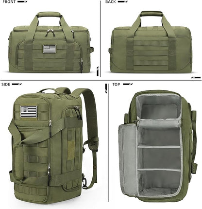 ZOMFELT Tactical Gym Bag for Men, 3-in-1 Travel Duffle Bag with Removable Dividers & Innovative Shoe Compartment, Waterproof MOLLE Travel Backpack, Airplane Carry-On Approved Workout, Outdoor, Green