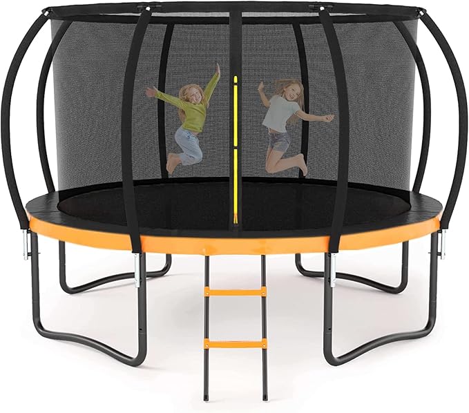 Trampoline 12FT 14FT 15FT 16FT for Kids/Adults - Outdoor Recreational with Enclosure Net Curved Poles and Ladder, Heavy Duty Anti-Rust Coating, ASTM Approval