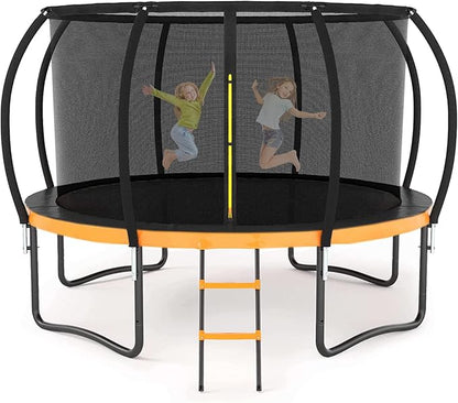 Trampoline 12FT 14FT 15FT 16FT for Kids/Adults - Outdoor Recreational with Enclosure Net Curved Poles and Ladder, Heavy Duty Anti-Rust Coating, ASTM Approval