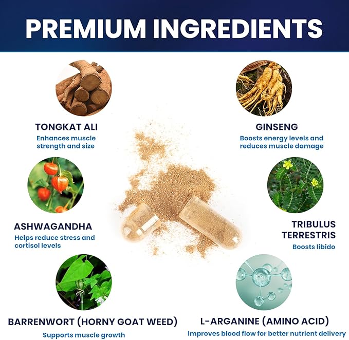 Testosterone Booster for Men with Ashwagandha, L-Arginine, Tongkat Ali, Tribulus, Natural Testosterone Supplement for Men Workout, Strength Booster, Performance and Building Muscle, 180 Capsules