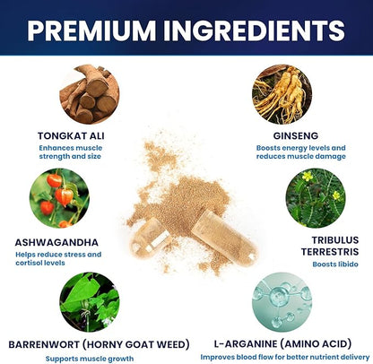 Testosterone Booster for Men with Ashwagandha, L-Arginine, Tongkat Ali, Tribulus, Natural Testosterone Supplement for Men Workout, Strength Booster, Performance and Building Muscle, 180 Capsules