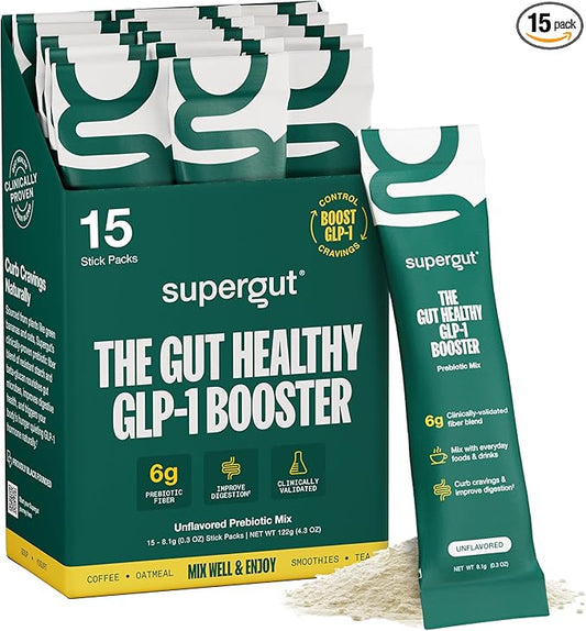 Supergut Gut Healthy GLP-1 Booster - High Fiber GLP-1 Supplement Powder for Women & Men - Sugar-Free Drink Mix for Gut Health (15 Servings)