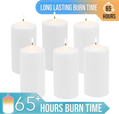 Stonebriar Unscented White Tall Pillar Candles, 65 Hour Burning Candle Pillars, Perfect for Decor, Weddings, Emergencies 3" X 6", 6 count