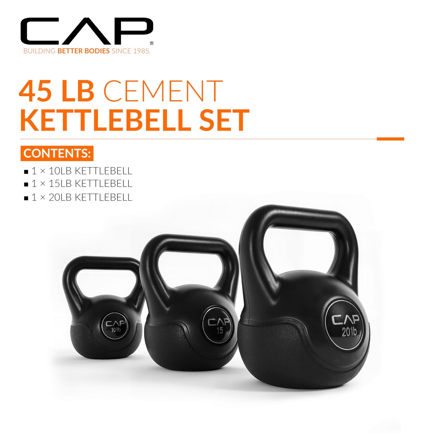 CAP Barbell 45 LB Cement Kettlebell Set – 10 lb, 15 lb & 20 lb Vinyl-Coated Kettlebells for