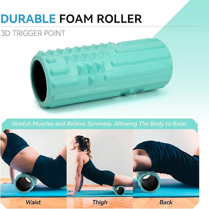 5 in 1 Foam Roller Set, High Density Fitness Exercise Foam Roller for Deep Tissue Muscle Massage, Massage Roller, Massage Ball, Resistance Band, for Whole Body(Tiffany Green)