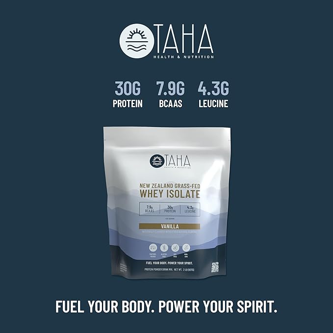 Taha Health & Nutrition Vanilla Whey Protein Isolate Powder, 30g Protein, 7.9g BCAAs, 4.3g Leucine | New Zealand Free-Range, Grass-Fed Dairy | Gluten-Free, Keto, Kosher | 2LB, 25 Servings