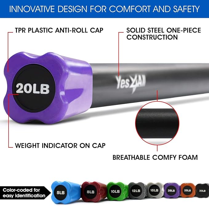 Yes4All Total Body Workout Weighted Bar, Resistance Band Bar, Racks for Strength Training, Exercise Bar for Yoga in Home and Gym - Single/Combo