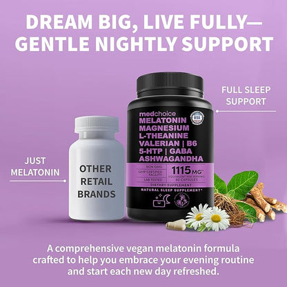 12-in-1 Melatonin Sleep Capsules - Natural Sleep Aids for Adults with Melatonin 5mg and Magnesium Glycinate 500mg, Sleep Aid with Ashwagandha, L Theanine, Valerian Root, GABA, 5-HTP (90ct, Pack of 4)