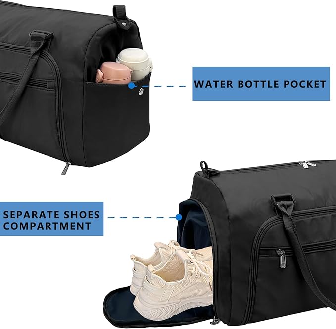 woogwin Gym Bag for Men & Women with Shoes & Wet Compartment Waterproof Duffle Bag for Travel Sports Workout Overnight Weekender(21",Black)
