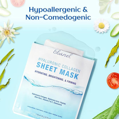 Ebanel 10 Pack Collagen Face Mask with Hyaluronic Acid, Vitamin C, Peptide, Aloe, Instant Brightening Hydrating Face Masks Skincare Korean Sheet Mask, Skin Firming, Lifting Anti Aging Facial Masks