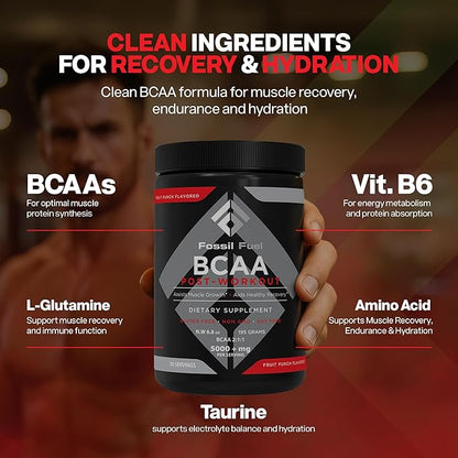 Fossil Fuel BCAA Sugar-Free Post-Workout Powder with BCAA?™s, Glutamine, Vitamin B6 Essential Amino Acids for After Workout Muscle Recovery, Endurance and Hydration Fruit Punch (30 Servings)