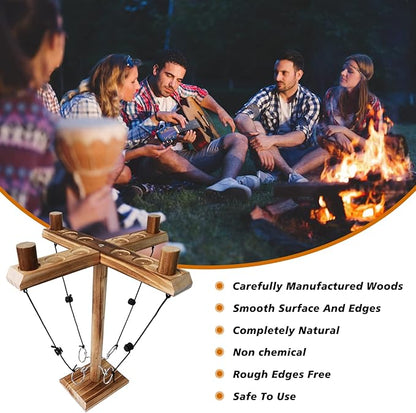 4 Player Hook and Ring Toss Battle Game - Handmade Wooden Loop Throwing Hooks for Adults, Fast-Paced Interactive Home Party Game