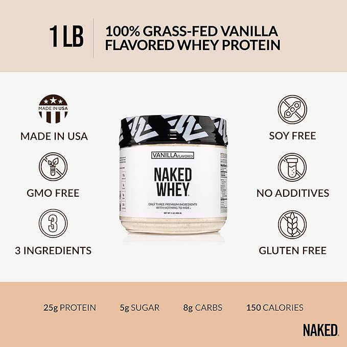 NAKED Vanilla Whey Protein 1Lb, Only 3 Ingredients, All Natural Grass Fed Whey Protein Powder + Vanilla + Coconut Sugar- GMO-Free, Soy Free, Gluten Free. Aid Muscle Growth, 12 Servings
