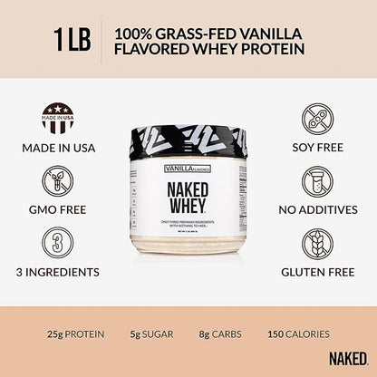 NAKED Vanilla Whey Protein 1Lb, Only 3 Ingredients, All Natural Grass Fed Whey Protein Powder + Vanilla + Coconut Sugar- GMO-Free, Soy Free, Gluten Free. Aid Muscle Growth, 12 Servings