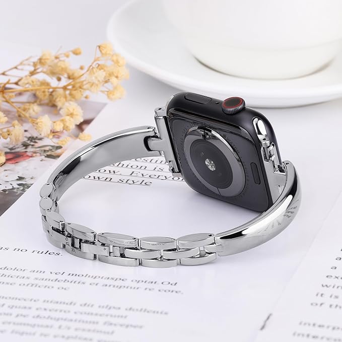 Silm Metal Band Compatible with Fitbit Versa 4/Fitbit Sense 2 Band Cute Women, Bling Jewelry Strap Replacement Compatible for Fitbit Sense/Versa 3 Women (Silver)