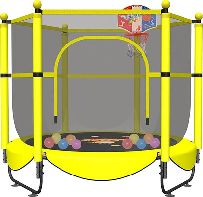 60" Trampoline for Kids, 5 FT Indoor & Outdoor Toddler Baby Trampoline with Basketball Hoop, Safety Enclosure, Birthday Gifts for Kids, Gifts for Boy and Girl, Age 3-8