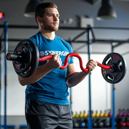 Synergee Commercial Super EZ Curl Olympic Bar Chrome, Black Phosphate and Red with Powder Coated Brass Bushings Excellent for Bicep Curls and Triceps Extensions
