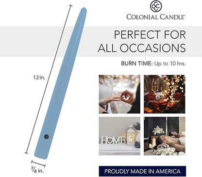 Colonial Candle Unscented Taper Candle, Handipt Collection, Coastal Blue, 12 in, Pack of 12 - Up to 10 Hours Burn