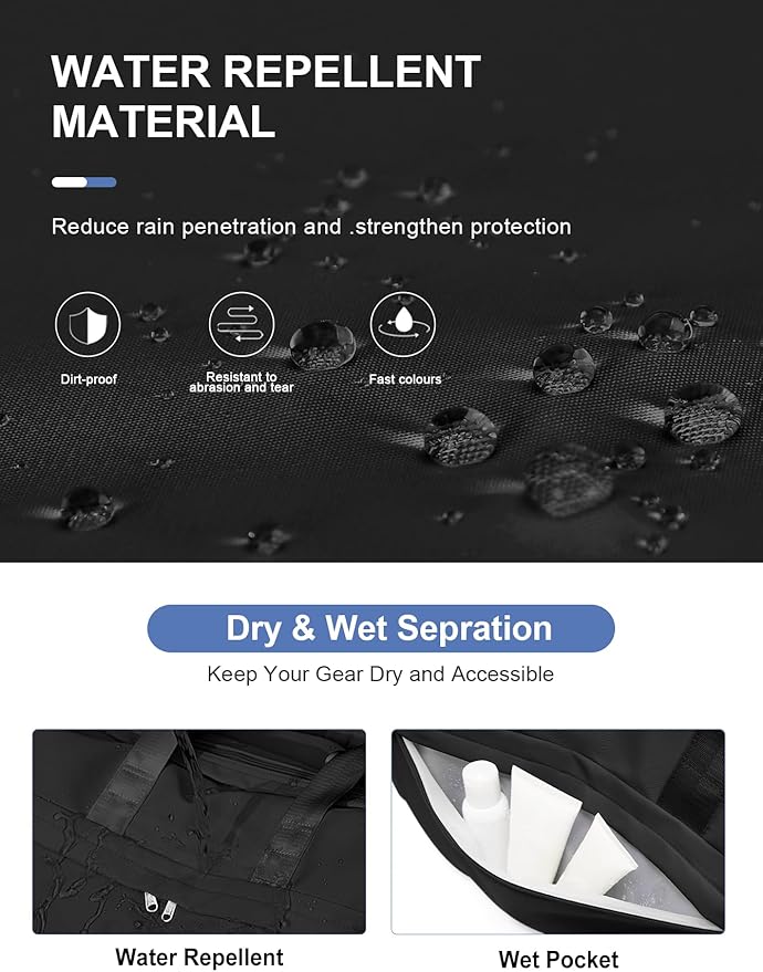 Gym Bag for Women Men with Shoe Compartment, Sport Duffel Bag, Waterproof Travel Weekender Overnight Carry on Bag for Yoga with Trolley Sleeve, Black