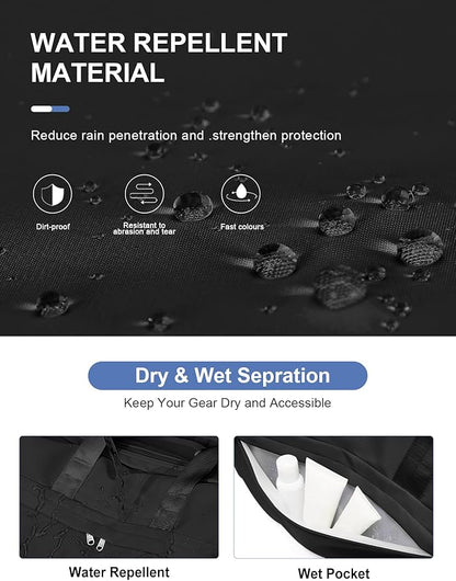 Gym Bag for Women Men with Shoe Compartment, Sport Duffel Bag, Waterproof Travel Weekender Overnight Carry on Bag for Yoga with Trolley Sleeve, Black