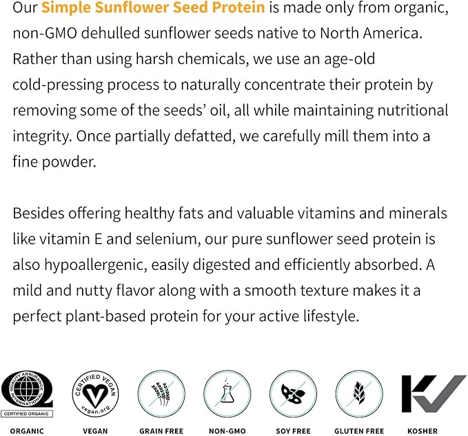 Sprout Living Simple Sunflower Seed Protein Powder, 15 Grams Organic Plant Based Protein Powder Without Artificial Sweeteners, Non Dairy, Non-GMO, Vegan, Gluten Free, Keto Drink Mix (1 Pound)