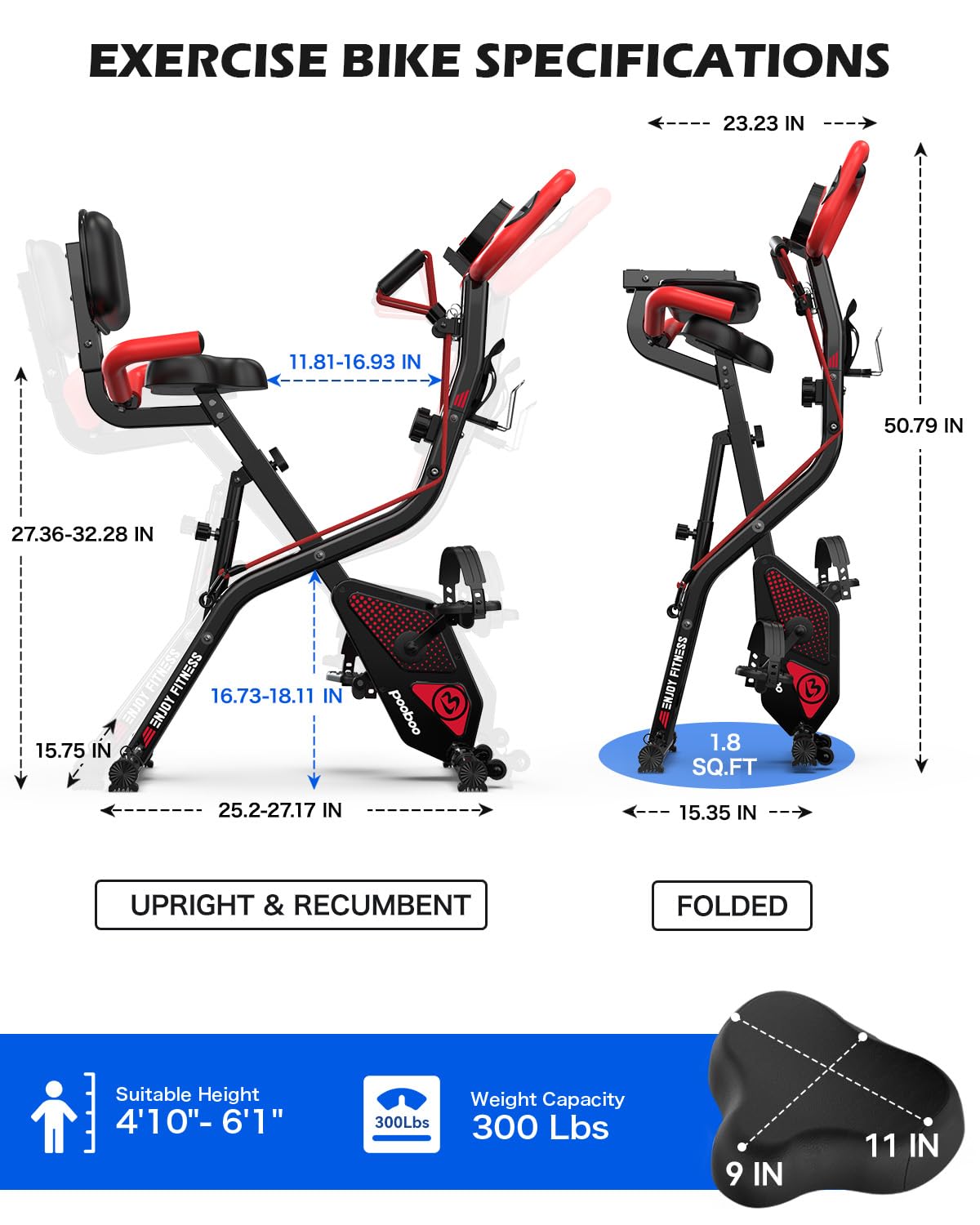 pooboo 4-in-1 Magnetic Folding Exercise Bike, Foldable Stationary Indoor Cycling Bike with 8-Level