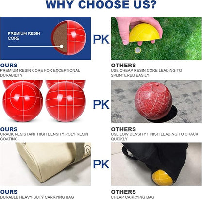 Bocce Ball Set Regulation Size and Weight for Professional Tournament, Backyard, Beach, Lawn Game with 8 Resin Bocci Balls, Pallino, Measuring Rope, Carrying Bag