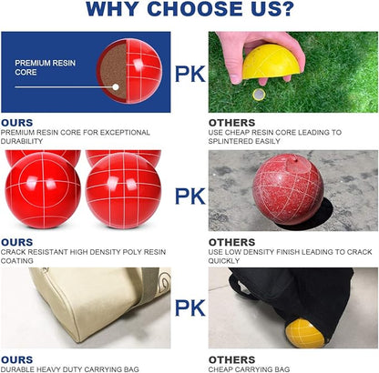 Bocce Ball Set Regulation Size and Weight for Professional Tournament, Backyard, Beach, Lawn Game with 8 Resin Bocci Balls, Pallino, Measuring Rope, Carrying Bag
