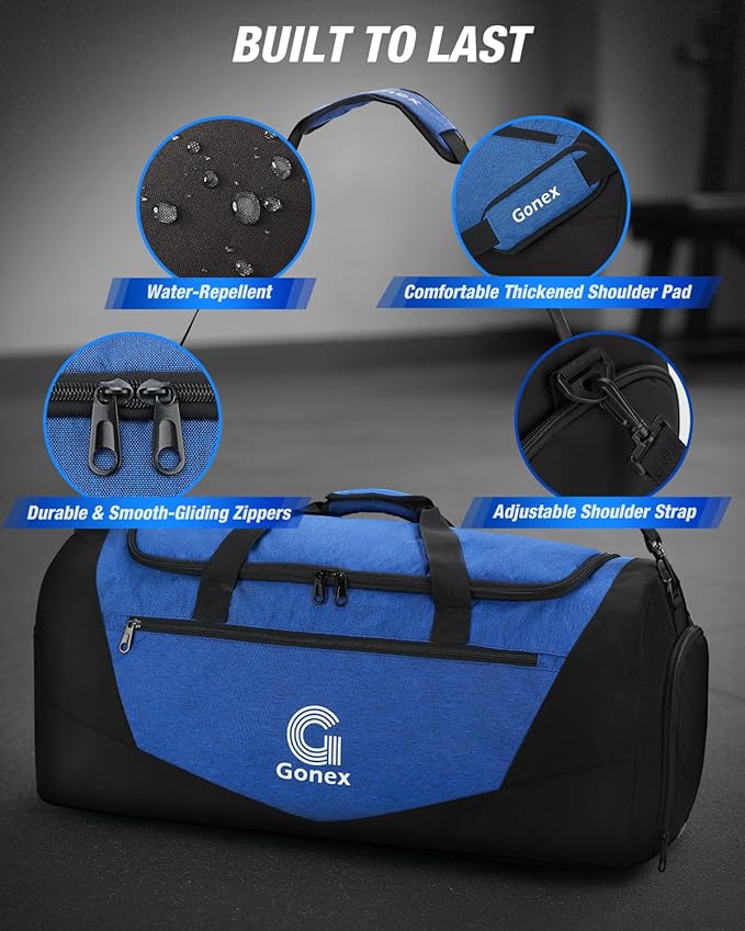 Gonex Gym Duffel Bag with Shoe Compartment Wet Pocket, Large Capacity Sports Duffle Bag for Men Women, Workout & Travel Bag with Multiple Pockets, Black/Blue, Medium (60L)