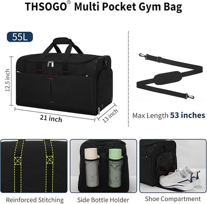 21 inch Gym Bag for Men with Shoe & Wet Compartment - 55L Duffle Bag for Travel Sport (Black)