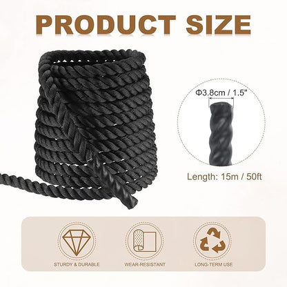 MECCANIXITY Battle Rope 50ft x 1.5 Inch Polyester Workout Rope Heavy Fitness Exercise Rope for Strength Training Home Gym Muscle Building, Black