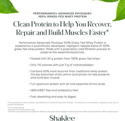 Shaklee - Performance® Advanced Physique® 100% Grass-Fed Whey Protein: Fast-Absorbing Formula - 20g Protein 110 Calories - Vanilla - 20 Servings