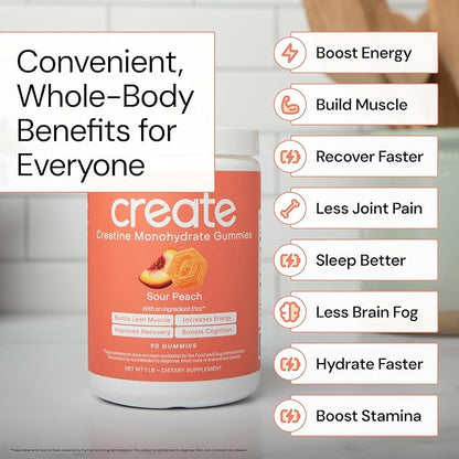 Create Creatine Monohydrate Gummies for Men & Women | 1.5g Creatine per Gummy for Muscle Strength, Endurance, Recovery, & Focus | Vegan, Non-GMO, Gluten-Free | Premium Sour Peach Flavor | 90 Count