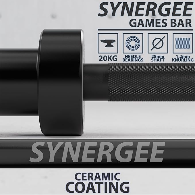 Synergee Games 15kg and 20kg Colored Ceramic Coated Barbells. Rated 1500lbs for Weightlifting and Powerlifting. Black, Red, Grey, Pink