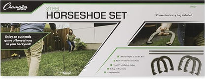 Champion Sports Horseshoe Set: Traditional Outdoor Lawn Game includes Four Professional Solid Steel Horseshoes with Solid Steel Stakes & Carrying Storage Case