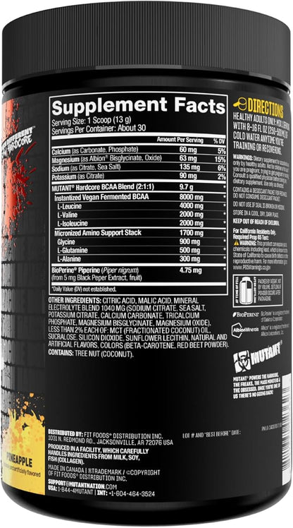 Mutant Hardcore BCAA - Pre, Intra or Post Workout ??BCAA Next Level branched-Chain Amino Acids Supplement ??Hydration + Recovery - 30 Serving - Pineapple