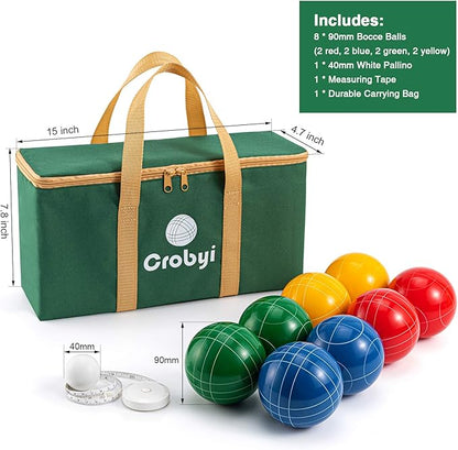Bocce Balls Set, 90mm Regulation Size and Weight, Durable Beach/Yard/Lawn Game for Kids, Adults and Family. Including 8 Bocce Balls, Pallino, Measuring Rope and Carrying Bag.