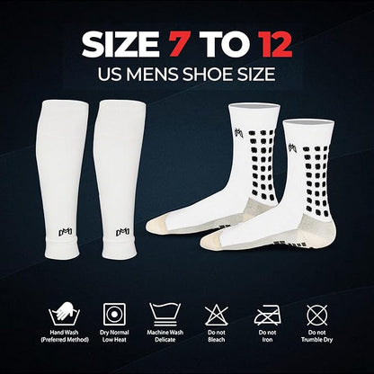 Soccer Grip Socks, Shin Guards, Pre Cut Sock Sleeves, and Guard Straps Bundle Pack - Essential Equipment for Soccer Players - for Mens, Women, Youth, Size 7 to 12 US Men Shoe Size