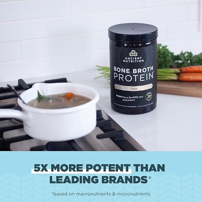 Ancient Nutrition Grass Fed & Cage Free Bone Broth Protein Powder, 20g Protein Per Serving, Hydrolyzed Collagen Peptides, Glucosamine, Chondroitin, Supports Joint & Gut Health, Pure, 20 Servings