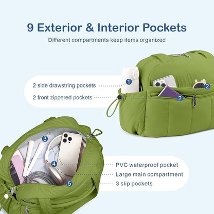 TOPDesign Travel Duffel Bag for Women, Puffer Gym Bag Sports Tote with Wet Pocket, Carry On Weekender with Luggage Sleeve (Green)