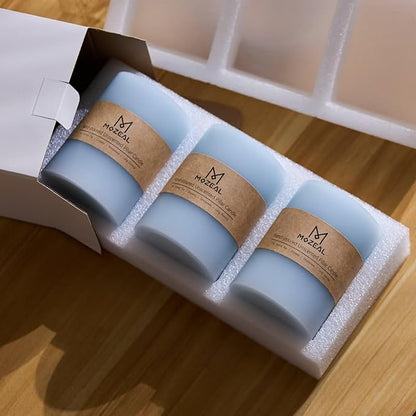MOZEAL 3" x 8" Hand-Poured Unscented Large Candle, Smokeless Rustic Pillar Candle Set of 2, Slow Burn, No Drip, Approx 150 Hours Burning, Baby Shower and Home Decorative, Tall Baby Blue Candle