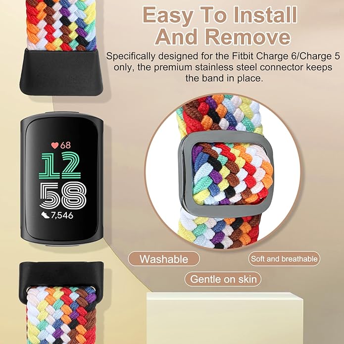 Braided Band Compatible with Fitbit Charge 6/Fitbit Charge 5, Soft Nylon Solo Loop Adjustable Replacement Wristband for Women Men